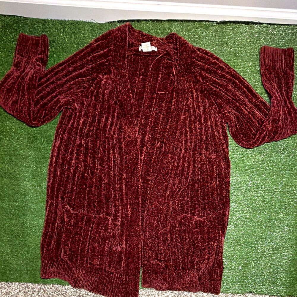 Cynthia Rowley Women’s Burgundy Solid Knit Open Front Pocket Cardigan Sweater S
